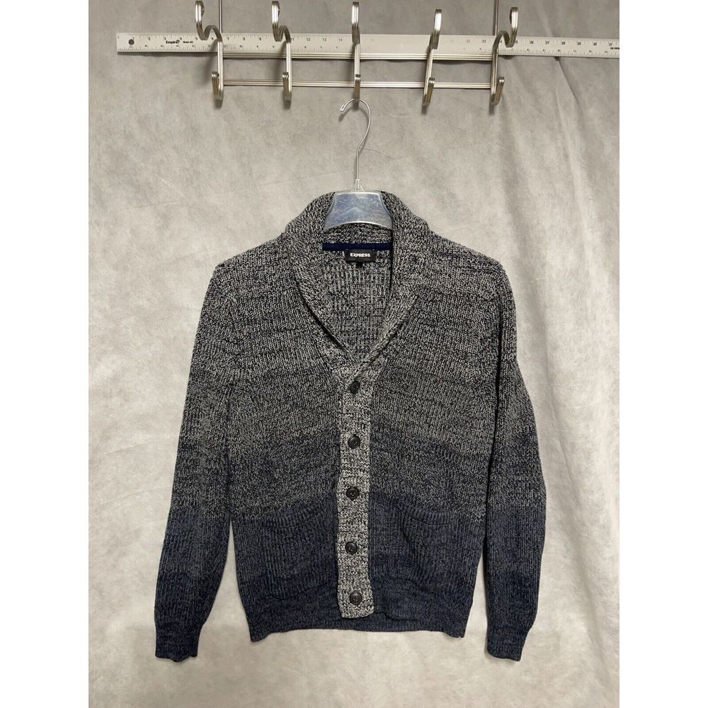 Express Sweater Men L Gray Blue Cardigan Chunky Knit Grandpa Fisherman‎ Nordic